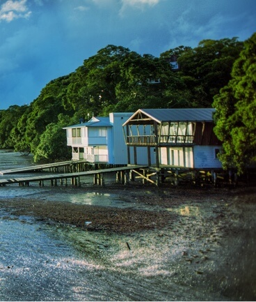 Sunset view of the pier from the water.